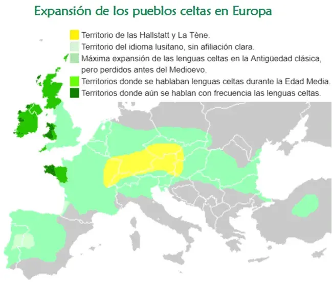 Mapa que ilustra los territorios que ocuparon los celtas en diversas épocas