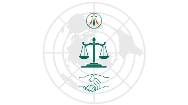 En el fondo, tierra plana en color claro y sobre ella, el logo del sitio, la balanza de la justicia y las manos estrechándose, simbolizando la legalidad y transparencia del sitio