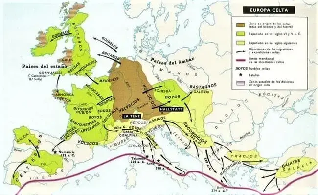 Mapa que ilustra las zonas ocupadas por los celtas en Europa y las leguas que se hablaban en cada zona.