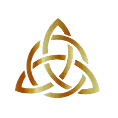 Diseño en color marrón y dorado en gradiente del símbolo celta Triqueta que consta de tres pétalos dispuestos en forma de triángulo unidos en su interior por un círculo.
