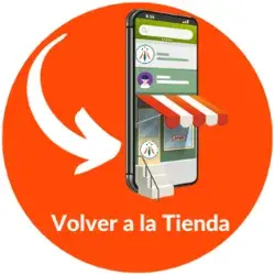botón naranja con un diseño de tienda online, se trata de un celular vertical con un techo de tienda y el logo del sitio y una flecha indicando al usuario que está el link para volver a la tienda